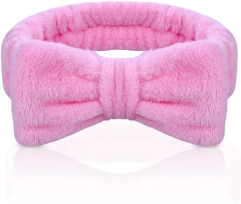 Aomig Spa Headbands for Women Pink Bowknot Microfiber Elastic Hair Band