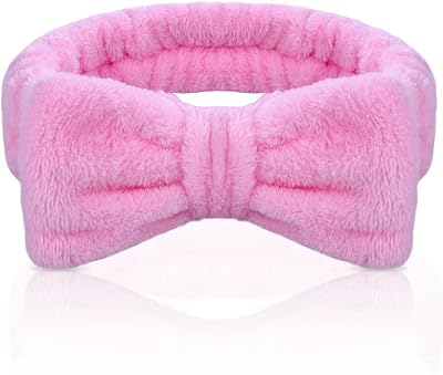 Aomig Spa Headbands for Women Pink Bowknot Microfiber Elastic Hair Band