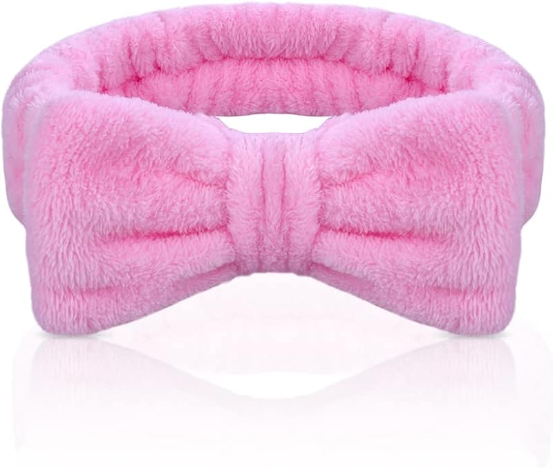 Aomig Spa Headbands for Women Pink Bowknot Microfiber Elastic Hair Band