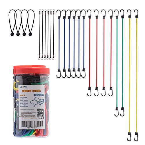 Bungee Straps, 24pcs Heavy Duty Bungee Cords with Hook in Jar, 100% Latex Core Elastic Strong Bungee Cord Set with a Drawstring Organizer Bag