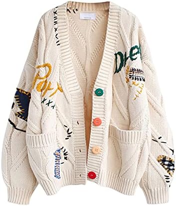 Women's Embroidered Letter Cardigan Sweater Button-Down Knitted