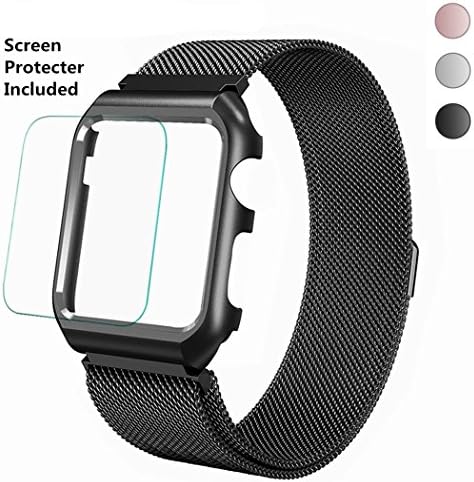 Apple Watch Band 42mm Corelink Milanese Mesh Loop Stainless Steel Magnetic Wrist Band with Metal Case Cover and Screen Protector for iWatch Series 3/2/1 Sport Edition (Black, 42mm)