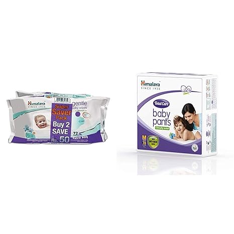 Himalaya Gentle Baby Wipes (2 Packs, 72 Sheets Per Pack) and Himalaya Total Care Medium Size Baby Pant Diapers (78 Count)