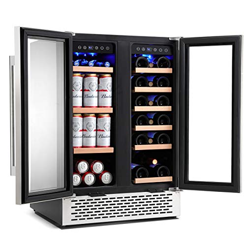 COLZER 24 inch Wine and Beverage Refrigerator Dual Zone Wine Cooler Under Counter Lockable 18
