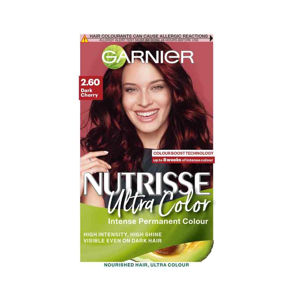 Garnier Nutrisse Ultra Color Hair Dye, Vegan, 2.6 Dark Cherry Red. Achieve 100% grey coverage and a deep, luscious 8-week red colour. No-ammonia, vegan for a rich, vibrant dark cherry red finish.