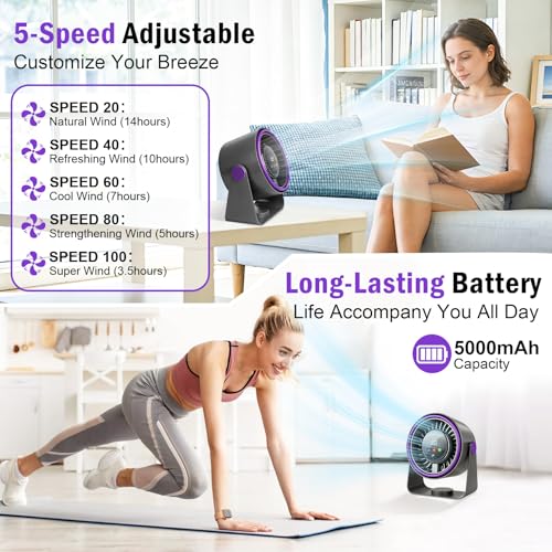 Silent Table Fan, Powerful USB Rechargeable Battery Powered Fan 3 in 1 Portable Fan 5 Speed 360° Adjustable Desk Fan for Camping Office Kitchen Camper