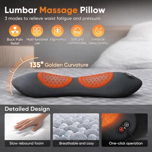 KAYAXIM Rechargeable Back Massager with Heat, 3-in-1 Lumbar & Spine Support Massage Pillow with Traction Design, Cordless Portable Lower Back Relaxation Cushion for Home Office (Grey)