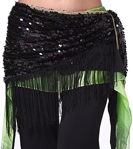 Belly Dance Hip Scarf-Sequined Women Skirt Tribal Belly Dance Belt Wrap With Tassel For Belly Dance Costume,Belly Dancing Outfit (Black)