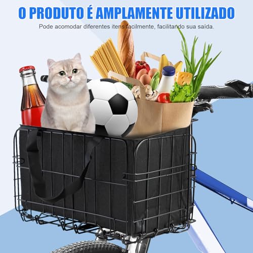 Cesta de Bicicleta Frontal Dobrável, Estrutura de Ferro, Tecido Oxford, Preta, Compatível com Bicicletas Adultas