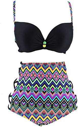 Fanssie Elegant Retro Vintage High Waist Geometric Bikini Swimsuit (XXL, Black)