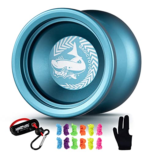 MAGICYOYO Professional Yoyo Shark Honor N12 Yoyo Long Time Spinning Yoyo, Sand Blasted Finish Yoyo with 12 Yoyo Strings, 1 Yoyo Holster, 1 Yoyo Glove (Blue)