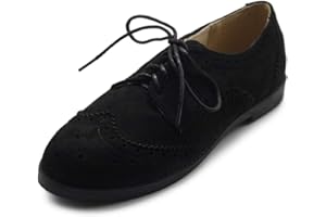 Ollio Women's Flat Shoe Wingtip Lace Up Faux Nubuck Oxford