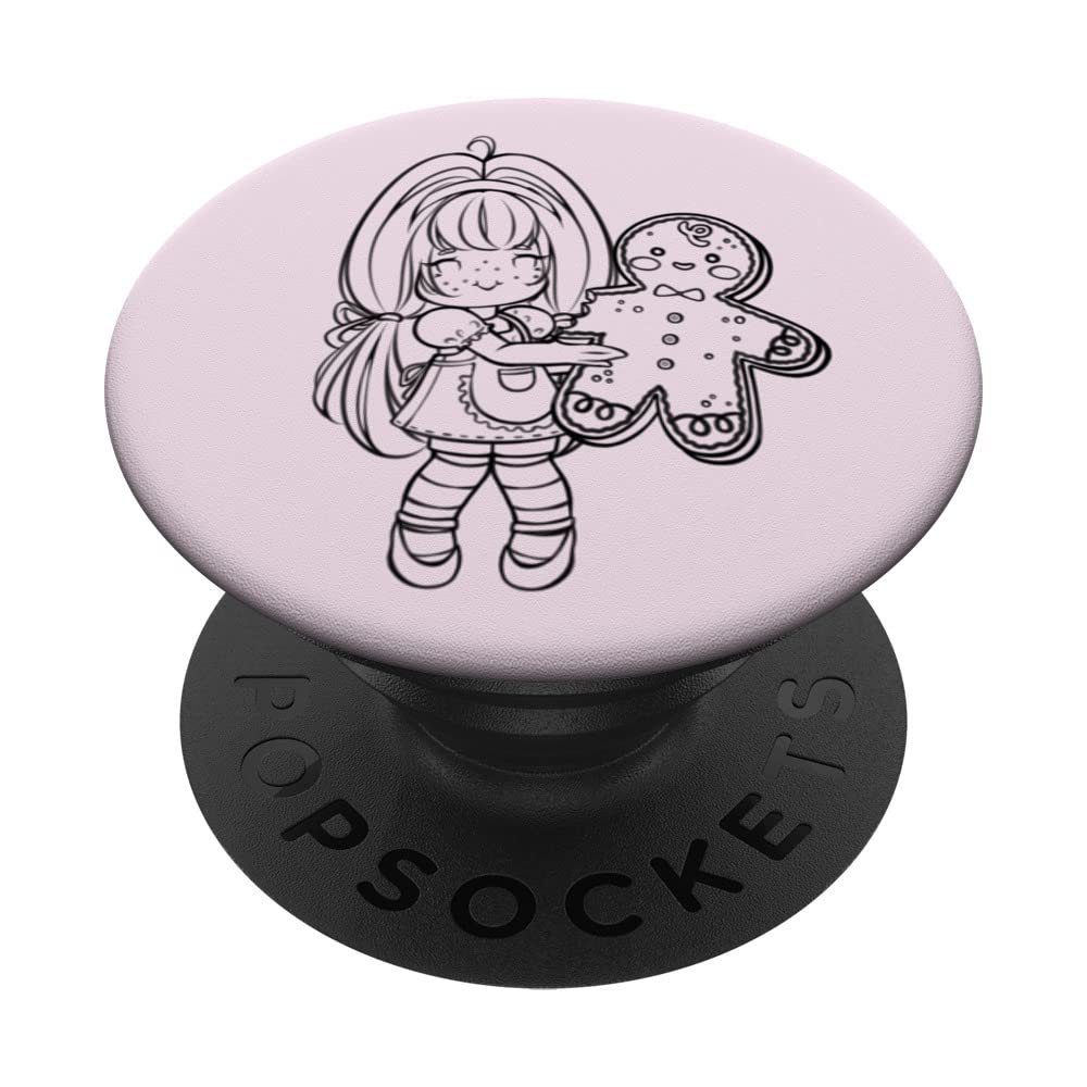 Chibi Coquette Girl with Gingerbread Man at Christmas PopSockets Swappable PopGrip