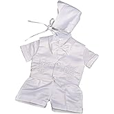 Dressy Daisy Baby Boys Baptism Christening Clothing Outfit White Satin Suit 4 Piece Set with Bonnet Short Sleeve
