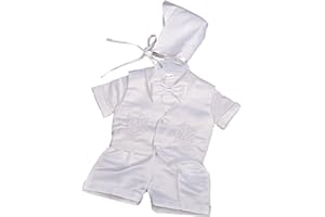 Dressy Daisy Baby Boys Baptism Christening Clothing Outfit White Satin Suit 4 Piece Set with Bonnet Short Sleeve