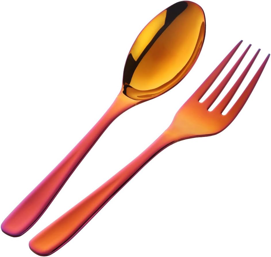 Bisda Buffet Serving Spoon fork, Stainless Steel 10 Inch Orange Red Plated Flatware Server Meat Fork Set of 2, Large Salad Serverware Utensils, Dishwasher Safe