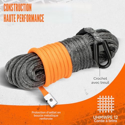 Shall Towing Straps & Ropes, Synthetic Winch Rope 1/4" x 50' (7.6mm x 15m), 5 Ton (10,000 LB), with Protective Sleeve, Forged Winch Hook and Safety Strap