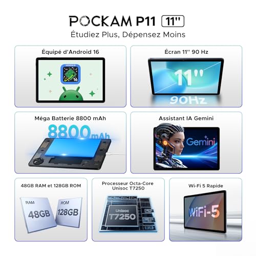 POPUX P11 Android Tablet 16, 11 Inch Tablet with 48GB RAM + 128GB ROM/TF 2TB, T7250 Tablet with Keyboard, 90Hz Display, 8800mAh, Gemini AI, Widevine L1, Face ID, WiFi5, Pen, Keyboard, Black