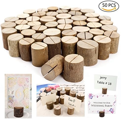 Dproptel Rustic Real Wood Base Wedding Table Name Number Holder Party Decoration Card Holders Picture Memo Clip Note Photo Clip Holder - 50 PCS Pack