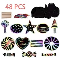 Kyrieval 48 Sets Scratch Dessert Candy Rainbow Magic Art Paper Ornaments with Organza Ribbon and Scratch Tools for Kids Party and Scratch DIY Craft Decoration