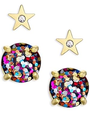 2 Pair Set Multicolor Glitter Studs & Dainty Sparklers Star Earrings 12k