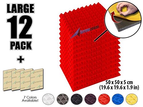 Arrowzoom New 12 Pack of 19.6" X 19.6" X 1.9" Inches Soundproofing Insulation Pyramid Self Adhesive Acoustic Foam Wall Padding Studio Foam Tiles AZ1053 (RED)