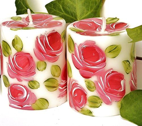 Decorative Hand Painted Pink Rose Flower Decorated 2 3/4 Inch High Short White Pillar Candles Set of Two Shabby Chic Decor