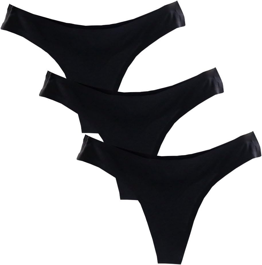 Women's Black Thin Ice Silk Seamless Smooth Low-Rise High Leg Thong Panties 3 Packs