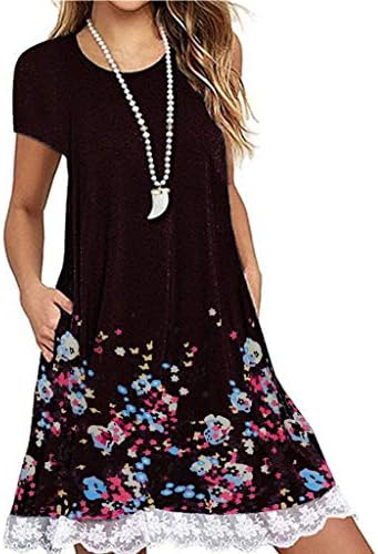 Women Casual Print Lace Dresses, Short Sleeve Mini Dress Loose Party Dresses with Pockets