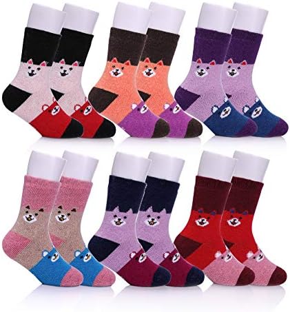 LongGe Children's Wool Socks Kids Toddler Girls Boys Cute Animal Thick Warm Winter Crew Socks 6 Pairs