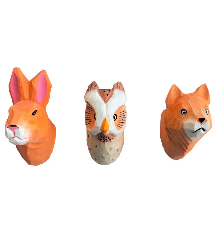 Wall Hooks, Forest Animals, Animal Heads, Wooden Coat Hooks, Set of 3: Owl, Rabbit, Fox, 9-11 x 8 cm — image 1