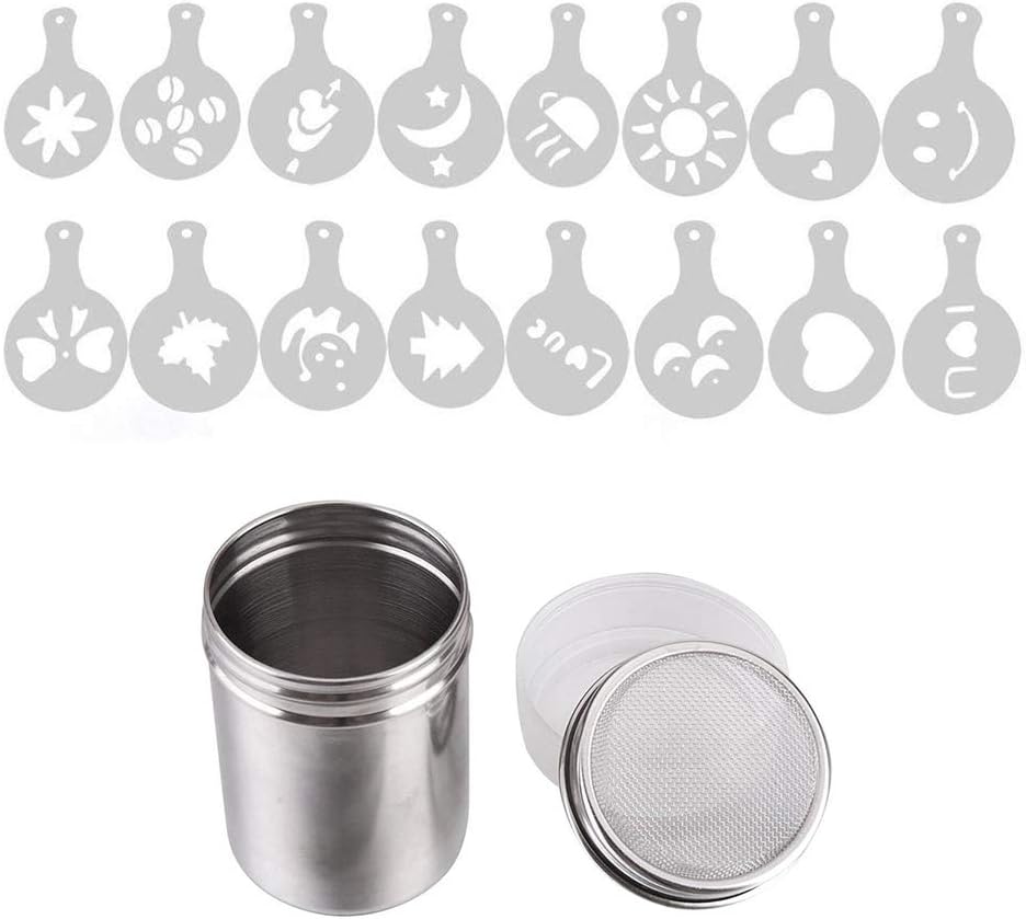 YuamMei 1pc Stainless Steel Coffee Shaker, Coffee Icing Sugar Cocoa Dredges with Fine-Mesh Lid, with 16 Pieces Coffee Art Stencils for Baking/Home/Restaurant