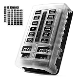 MNJ Motor 12-Way Fuse Box Holder with LED Indicator, Waterproof 12-Circuit Blade Fuse Block 30A Per Circuit Durable Protection Cover Sticker Label for Automotive Car Boat Marine SUV