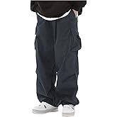RoseSeek Boy's Wide Leg Cargo Pants Drawstring Waist Baggy Track Pants Trousers Streetwear