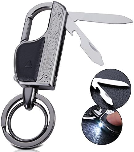 6 in 1 Multifunctional Keychain Flashlight Multitool, Zinc Alloy Key Chain with LED Light, Knife, Bottle Opener and 2 Key Rings (Gray)