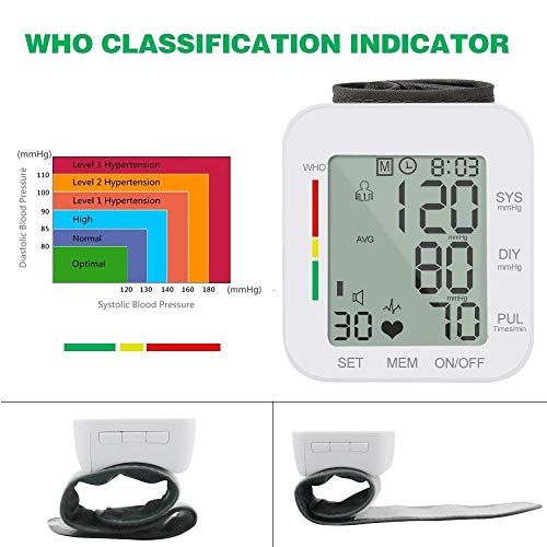 Wrist Blood Pressure Monitor, Digital BP Monitor with Memory Storage, Intelligent LCD Display Automatically Measure Pulse Diastolic Systolic and Shows Hypertension Level (White)