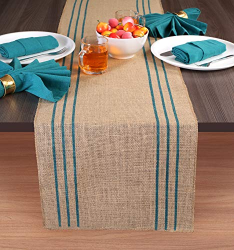 Ramanta Home 2-Pack Rustic Farmhouse Stripe Burlap Jute Table Runners 14x90 Natural with Teal Stripe
