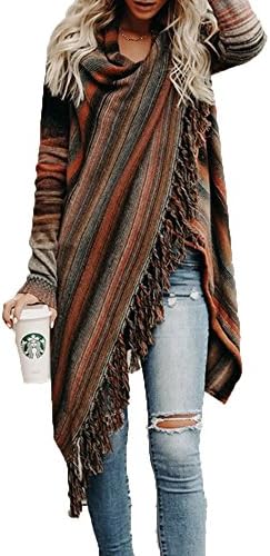 FUMIKAZU Womens Boho Long Sleeve Cardigan Buckle Fringed Tassel Open Front Knitwear