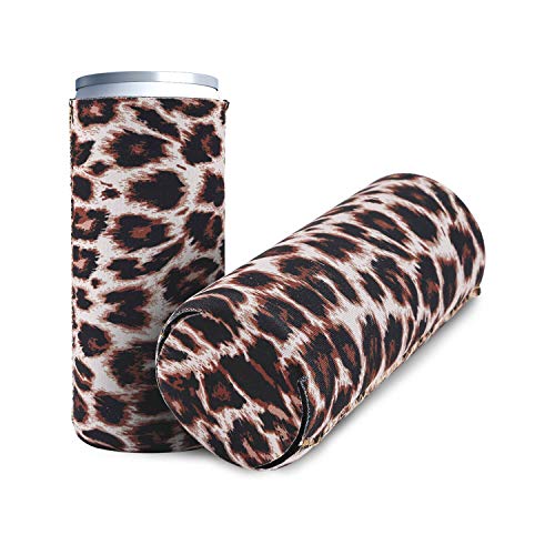 DIFENLUN 2 Pack Neoprene Slim Can Coolers, Collapsible Can Sleeves Beer Can Coolies Covers for 12oz Slim Drink Beer Cans(Leopard)