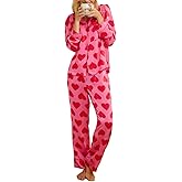 Lordree Women Valentine's Day Pajamas Set Heart Print Silk Long Sleeve Shirt and Lace Trim Pants Set Satin Pjs Sleepwear