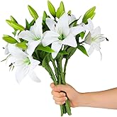 TONGMAN 6 Bundles Artificial Tiger Lily Flowers White Touch Lilies Flower Bouquet Faux Floral Table Centerpieces Arrangement for Wedding Home Party Garden Office Decor (White)