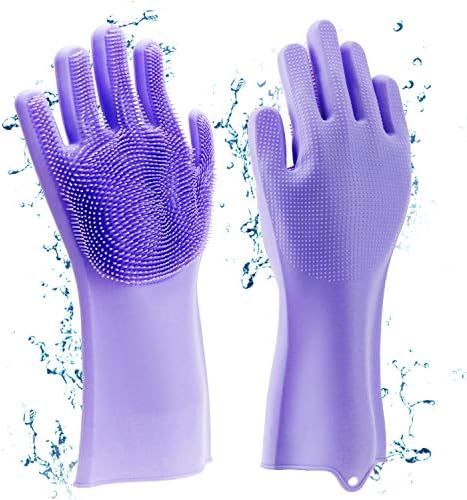 Familamb Silicone Gloves with Wash Scrubber Non-slip Magic Latex Gloves for Household Cleaning Great for Protecting Hands in Dishwashing Car Washing Kitchen Bathroom Cleaning Lavender