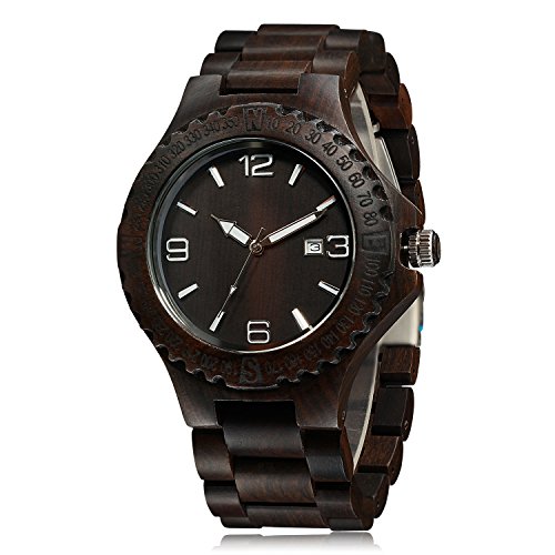 CUCOL Wood Grain Watch Handmade Black Wooden Wrist Watch Lightweight Quartz Movement Luminous