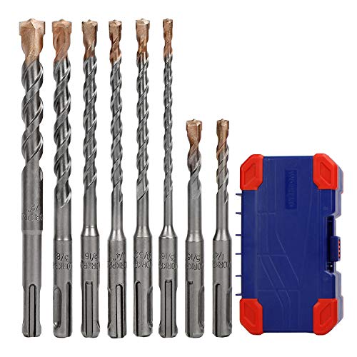 workpro juego de brocas sds-plus de 8 piezas, punta de carburo, juego de brocas para martillo perforador sds + con estuche de almacenamiento para ladrillo, cemento, piedra y hormigón