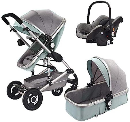 Baby Stroller Buggy 3 in 1 Newborns High Landscape Travel System Infant Pushchair with Folding Car Seat (Green)