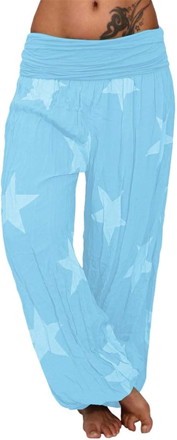 Surwin Women's Elastic Boho Harem Trousers, Cotton Bohemian Print High