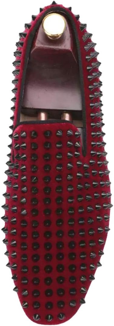 Men Burgundy Velvet Slippers Loafers Flat with Black Spikes