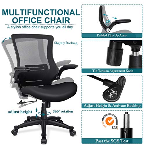 Funria Mesh Desk Chair with Wheels Black Mesh Office Chair with Flip Up