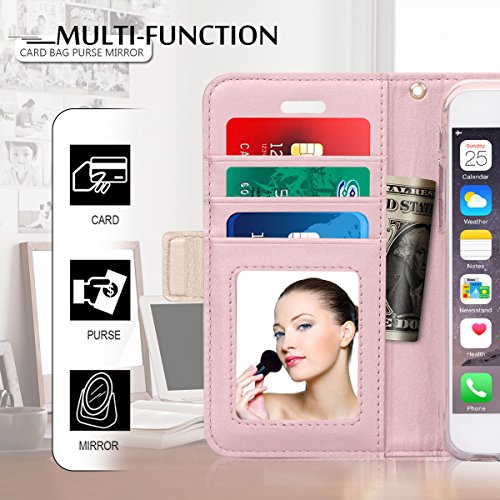WWW iPhone 6S Plus Case, iPhone 6 Plus Case, [Luxurious Romantic Carved Flower] Leather Wallet Case with [Inside Makeup Mirror] and [Kickstand Feature] for Apple iPhone 6/6S Plus Rose Gold - Thumbnail 3