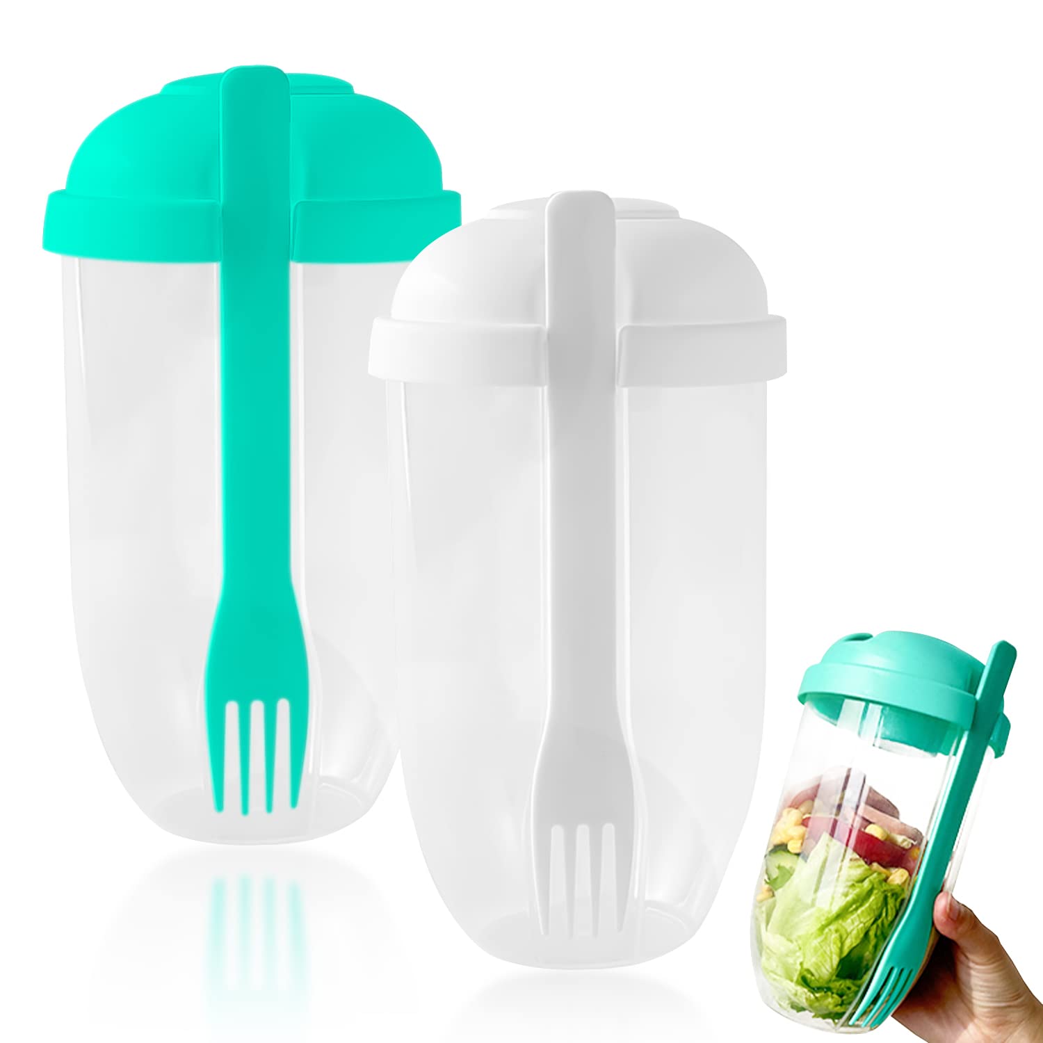 Set of 2 Salad Mugs with Fork, Box & Brush; Meal Shaker, Reusable, Portable Fruit and Vegetable Mug Container for Work, School, Camping (White, Green)